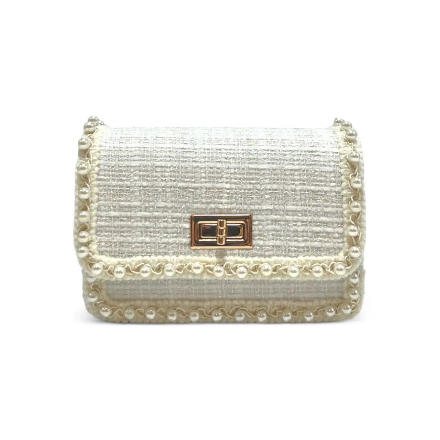 White Pearl Trim Tweed Purse