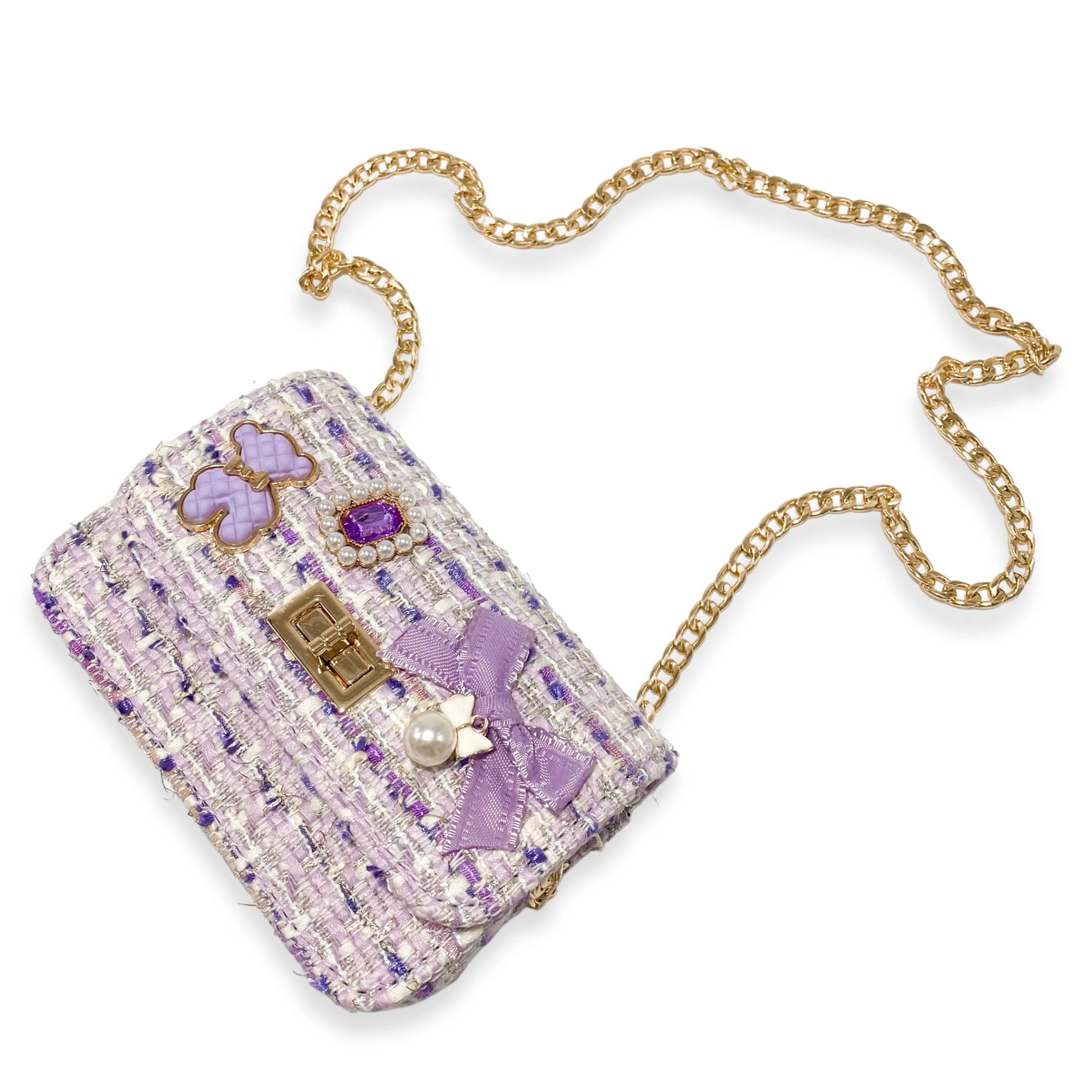 Light Purple Teddy & Bow Tweed Purse