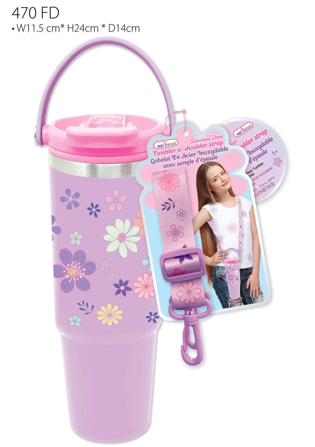 Stainless Steel Tumbler with Shoulder Strap, Flower