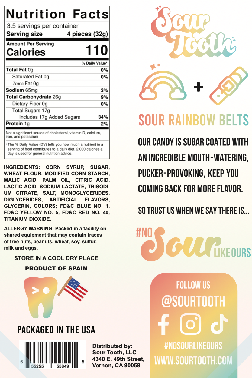 Sour Rainbow Belts — 4oz Multi-Flavor, Spanish Import