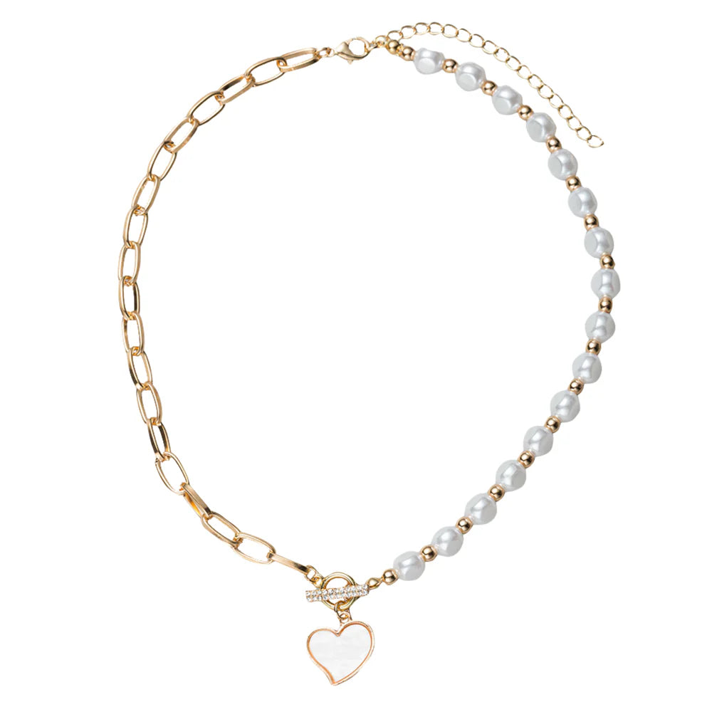 Kids Pearl, Gold Chain, Beaded Necklace with Shell Hear