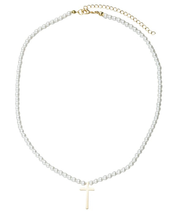 Pearl Beaded Necklace with Gold Cross
