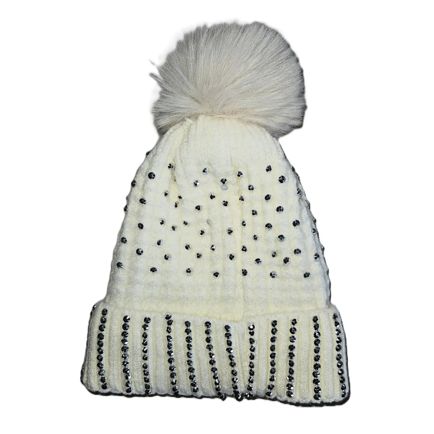 Rhinestone Knit Hat with Fleece Lining