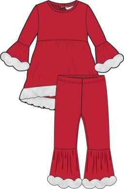 Red Velour High Low Ruffle Tunic & Flare Pant Set