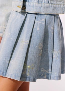 Sparkle Bows Denim Pleated Skirt