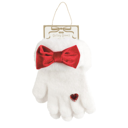 White With Bow Christmas Glitzy Gloves