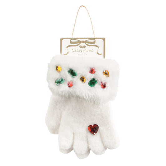 White With Rhinestones Christmas Glitzy Gloves