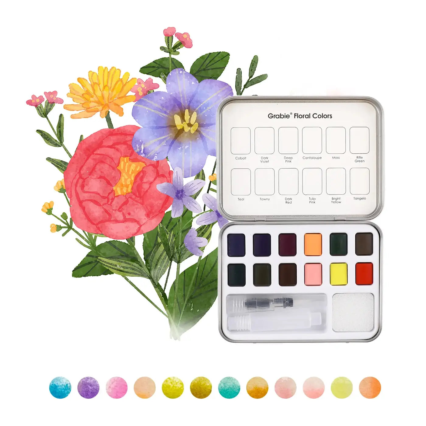 Watercolor Set Of 12 With Brush - Floral Colors