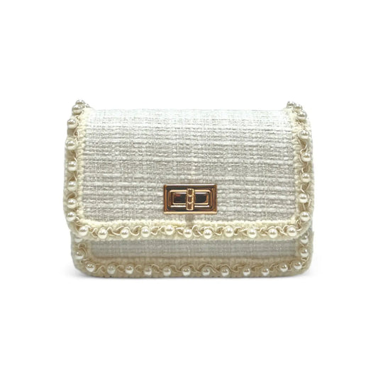 White Pearl Trim Tweed Purse