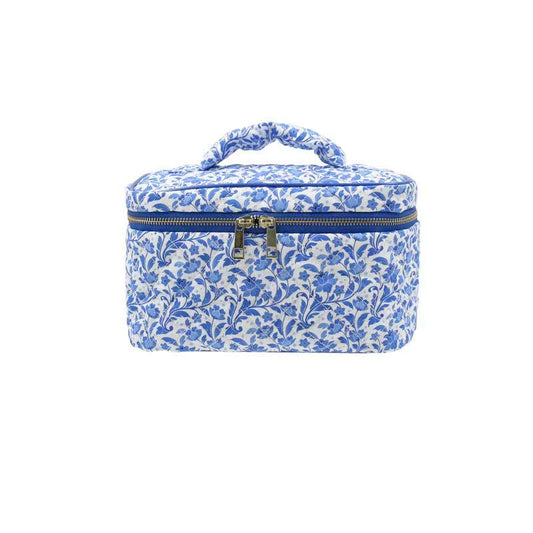 Blue Floral Bow Quilted Makeup Bag