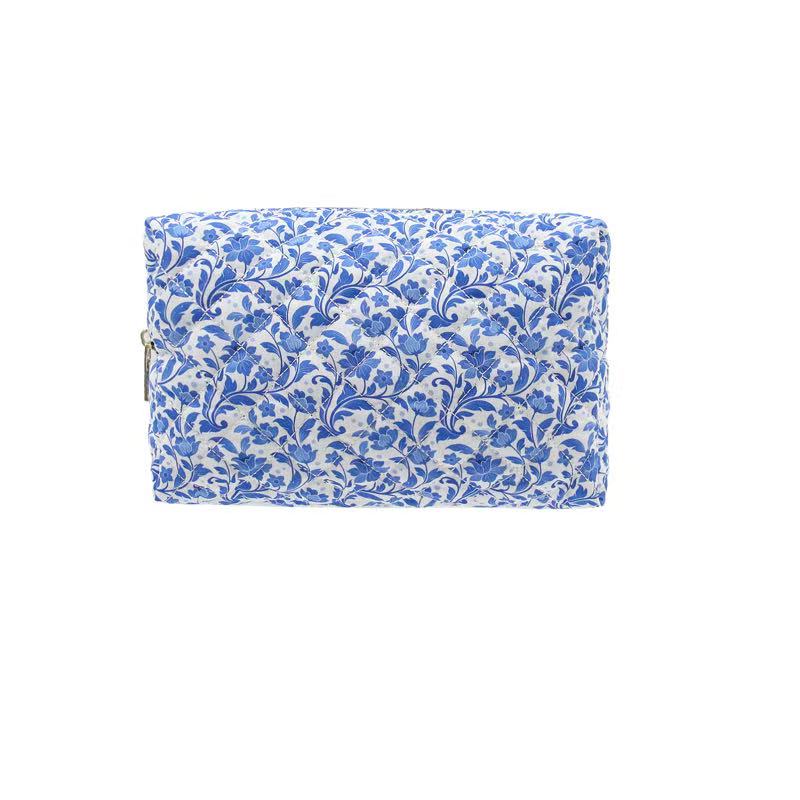 Blue Floral Quilted Cosmetic Bag