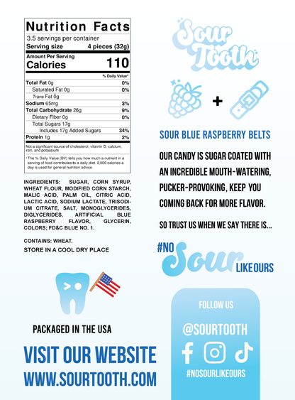 Sour Blue Raspberry Belts — 4oz, Imported from Spain