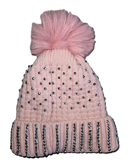 Rhinestone Knit Hat with Fleece Lining