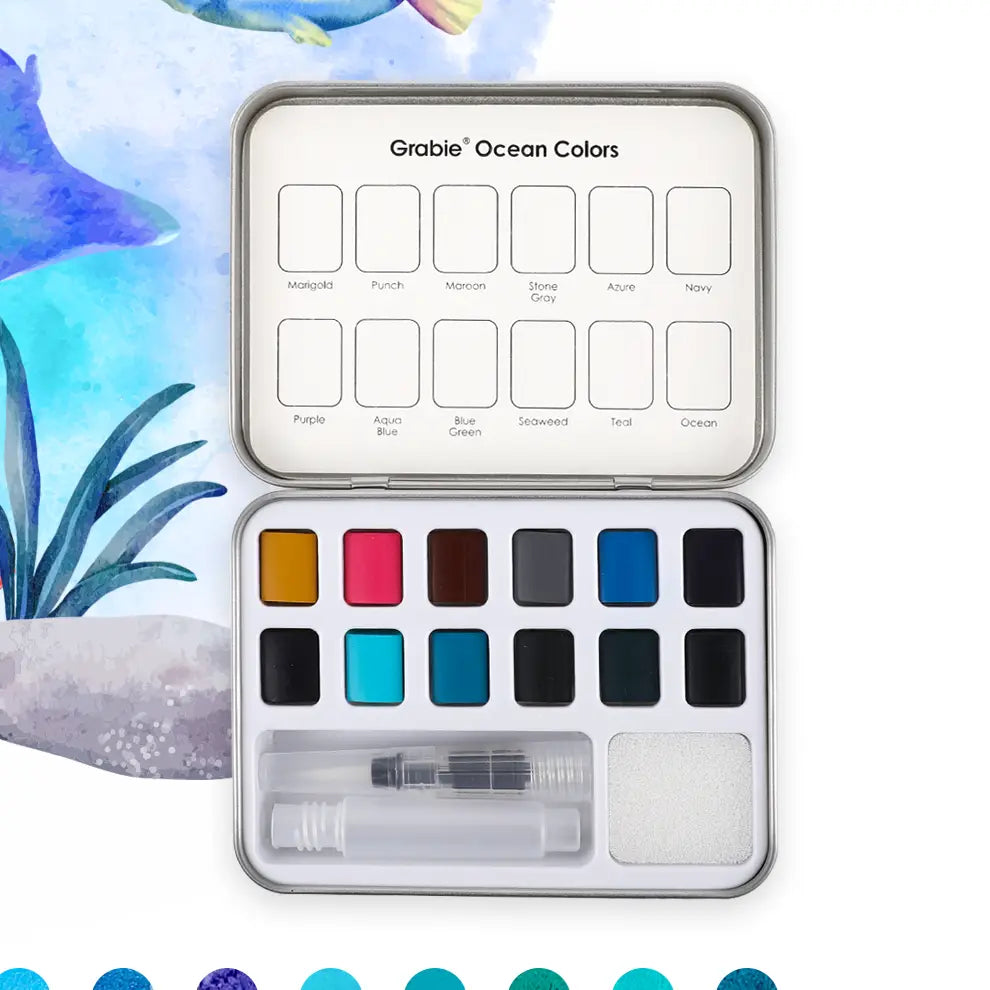Watercolor Set Of 12 With Brush - Ocean