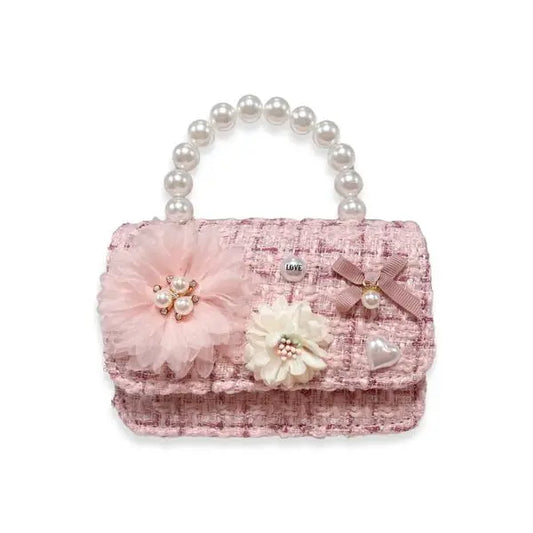 Light Pink Floral Appliques Tweed Purse