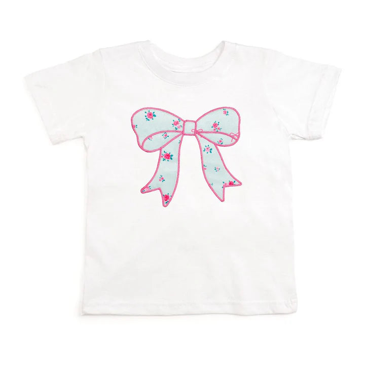 Sky Blue Floral Bow Patch SS Tee - White