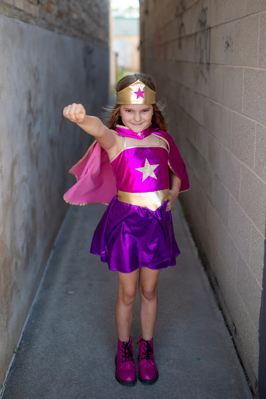 Superhero Star Dress, Cape & Headpiece, Magenta/Pu