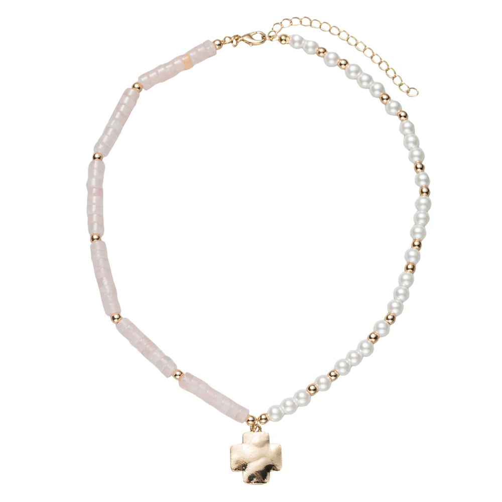 Kids Pink, Gold, Pearl Rose Quartz Beaded Necklace with Gold Cross