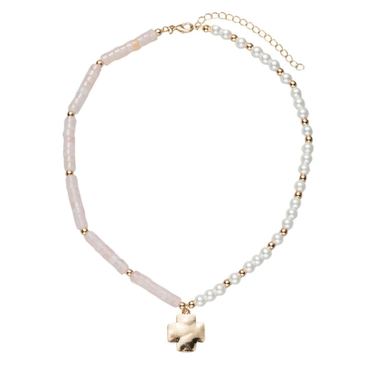 Kids Pink, Gold, Pearl Rose Quartz Beaded Necklace with Gold Cross