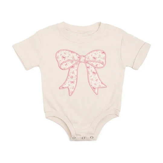 Ditsy Floral Bow Patch Romper in Natural