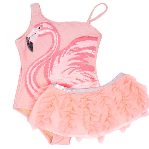 One Piece Swim Pink Flamingo Girls Sequin with Tutu