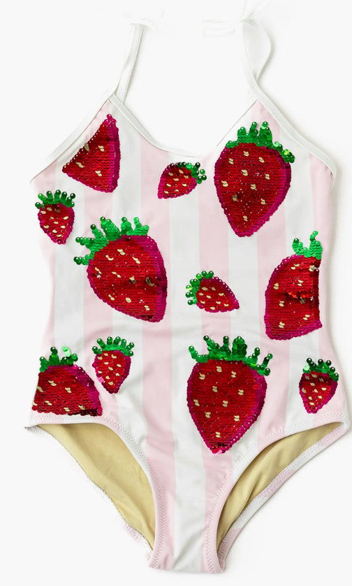 One Piece Swim Summer Strawberry Sequin