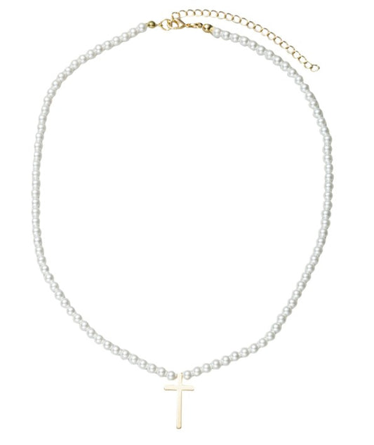 Pearl Beaded Necklace with Gold Cross