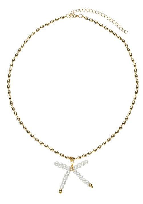 Gold Beaded Necklace with Pearl Beaded Bow