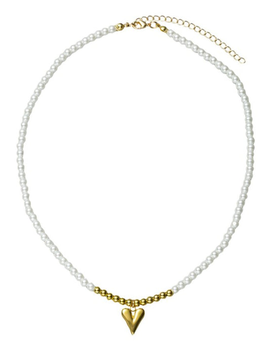 Pearl Beaded Necklace with Gold Heart