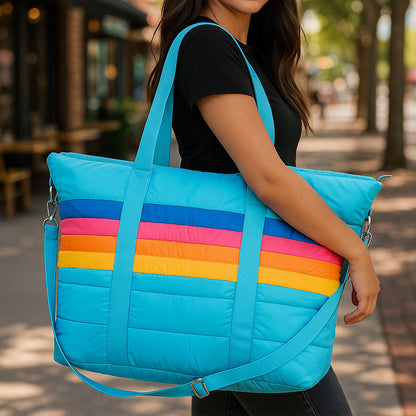 Blue Retro Stripe Puffer Tote Bag