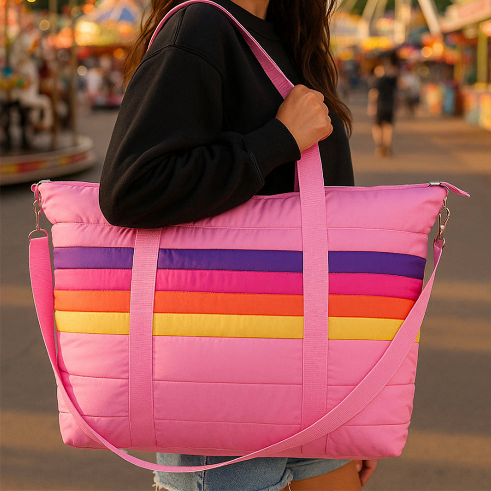 Pink Retro Stripe Puffer Tote Bag