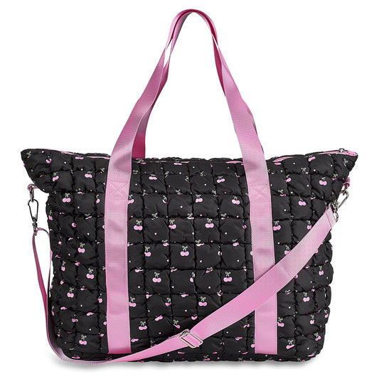 Black Scrunchie Puffer Tote with Cherry Pattern