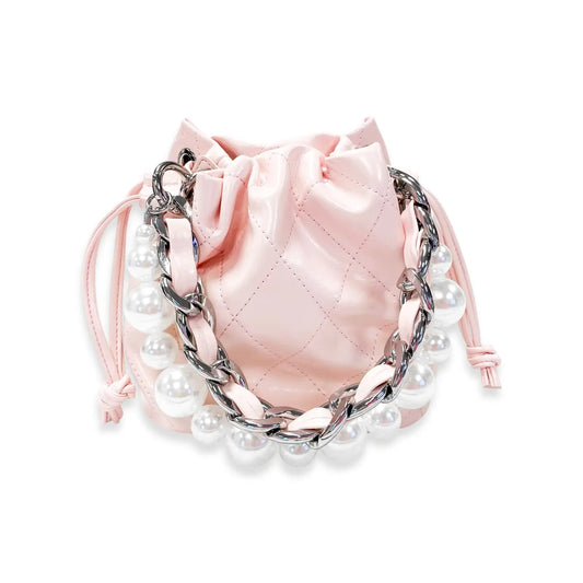 Pink Pearl Handle Quilted Bucket Bag