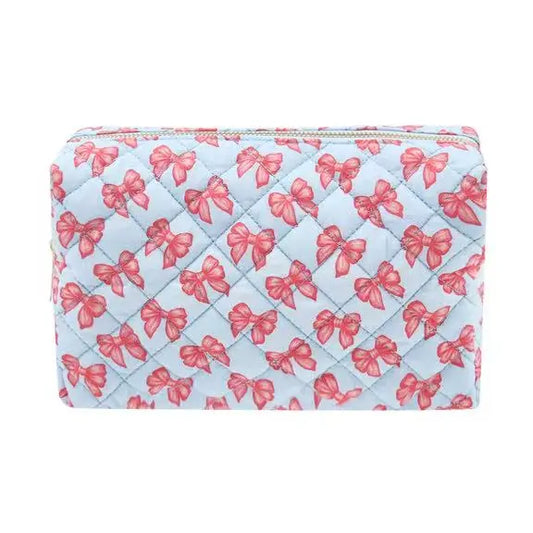 Blue Ribbon Bow Quilted Cosmetic Bag