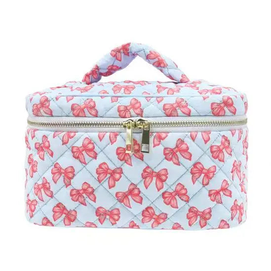 Blue Ribbon Bow Quilted Makeup Bag