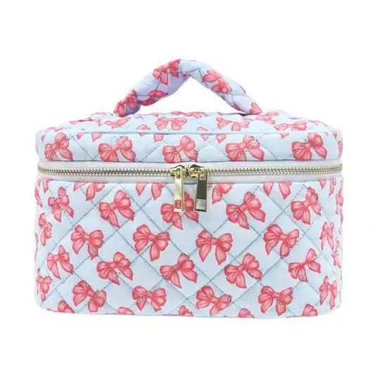 Blue Ribbon Bow Quilted Makeup Bag