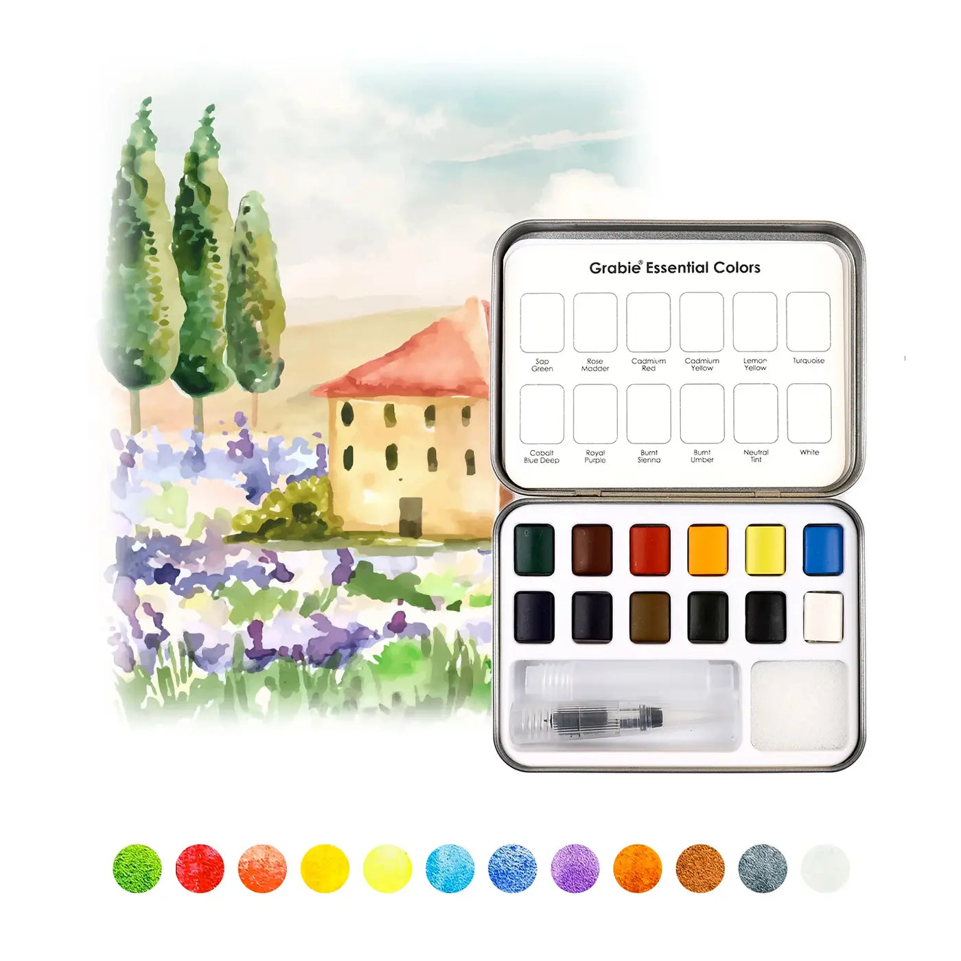 Watercolor Set Of 12 With Brush - Essential Colors