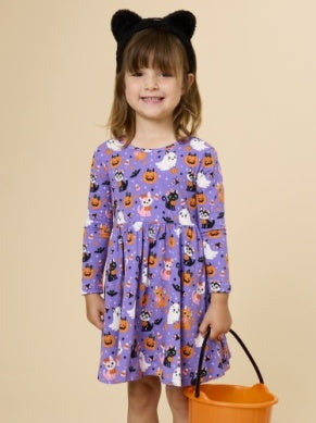Boo-Tiful Kittens Knit Long Sleeve Twirl Dress