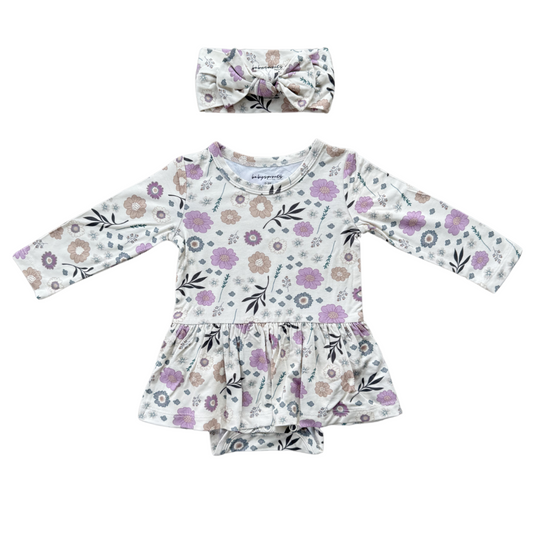 Winter Floral Bodysuit Dress Set with Bow