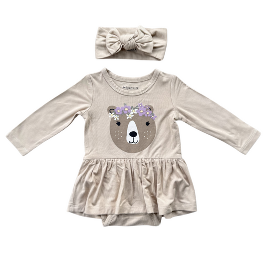 Floral Bear Bodysuit Dress Set with Bow