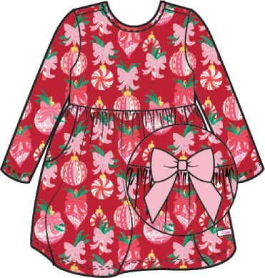 Red Holly Ornament Bows Knit Long Sleeve Twirl Dress