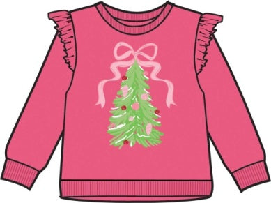 Christmas Tree Hot Pink Applique Flutter Sweatshirt