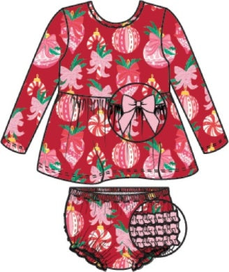 Red Ornament Bows LS Twirl Top / Bloomer Set