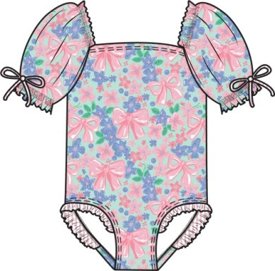 Bow Blooms Puff Sleeve One Piece Swimsuit