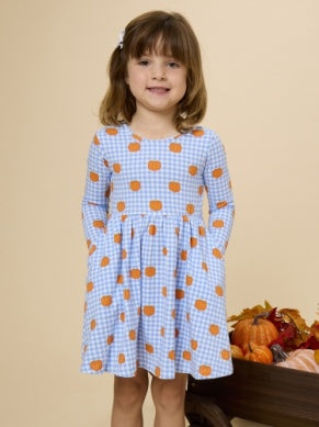 Pumpkin Patch Gingham Knit Long Sleeve Twirl Dress